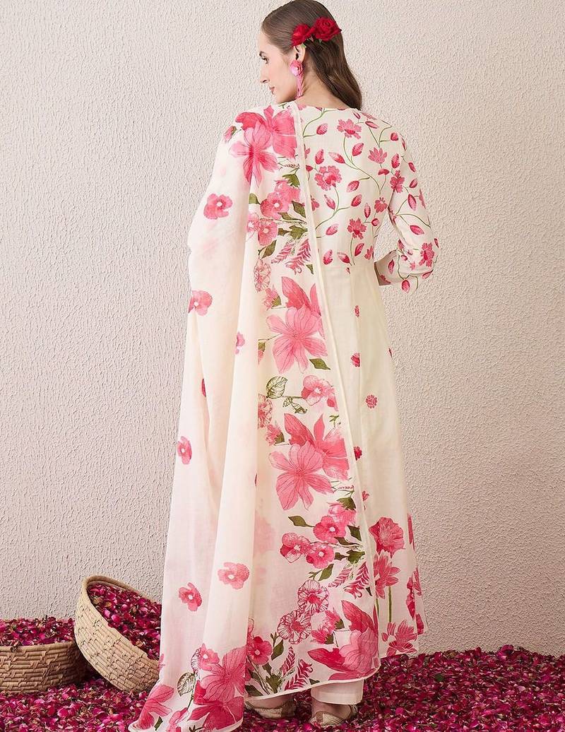 Floral Printed Beads & Stones Pure Cotton A-Line Kurta With Trousers & Dupatta
