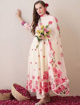Floral Printed Beads & Stones Pure Cotton A-Line Kurta With Trousers & Dupatta 6