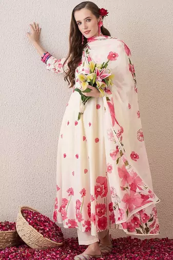 Floral Printed Beads & Stones Pure Cotton A-Line Kurta With Trousers & Dupatta