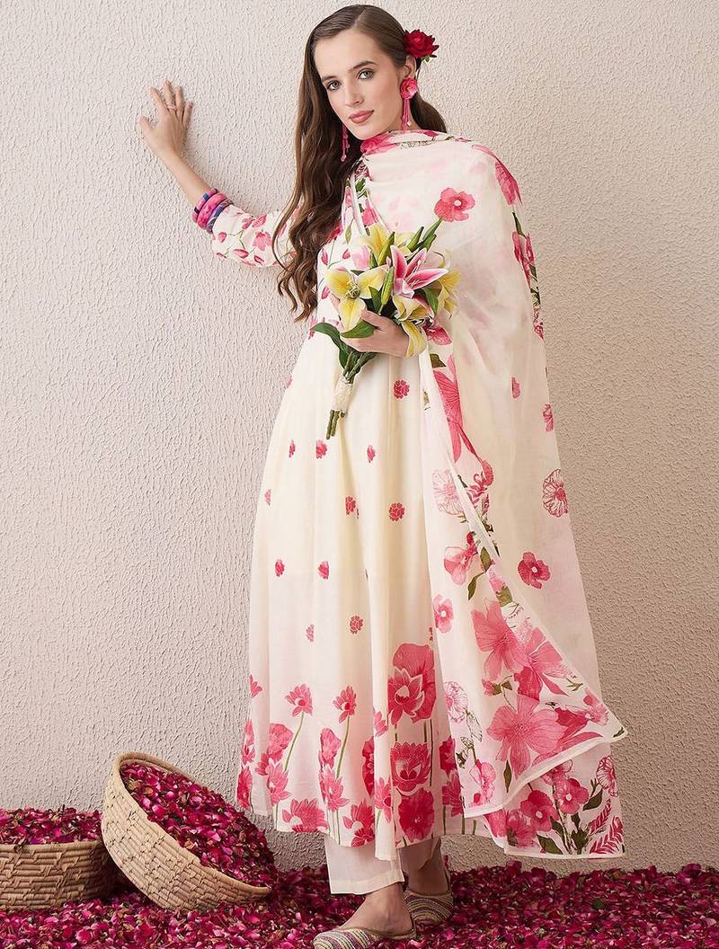 Floral Printed Beads & Stones Pure Cotton A-Line Kurta With Trousers & Dupatta