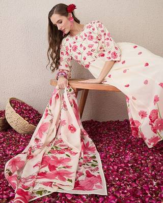 Floral Printed Beads & Stones Pure Cotton A-Line Kurta With Trousers & Dupatta 7