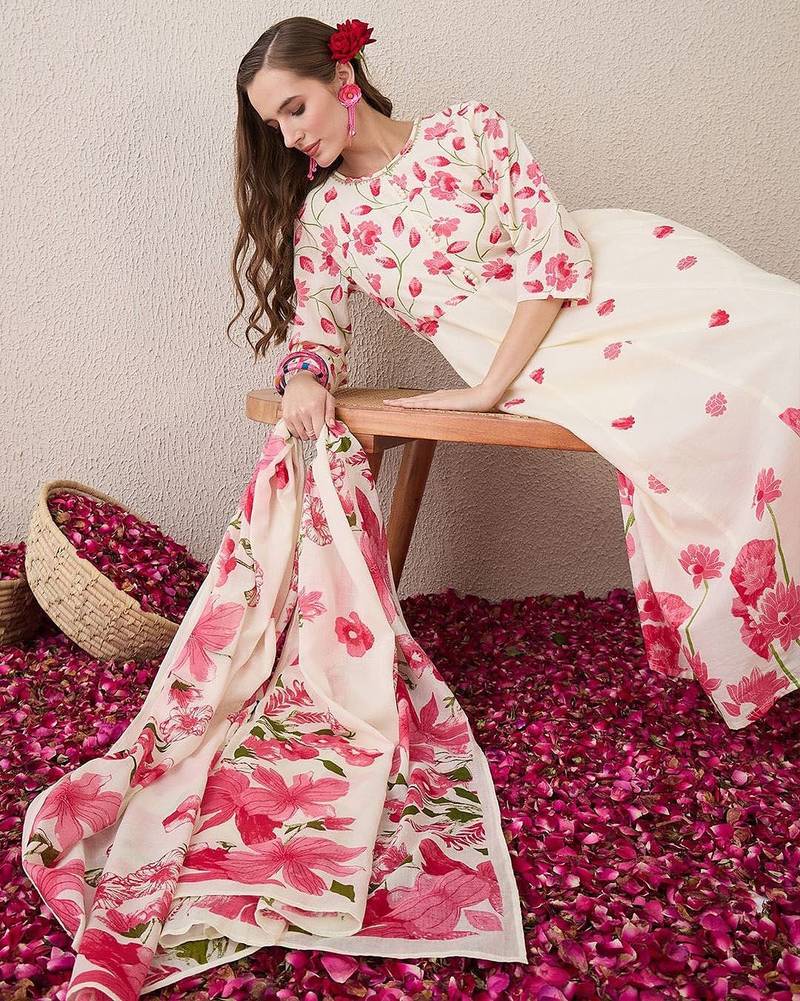 Floral Printed Beads & Stones Pure Cotton A-Line Kurta With Trousers & Dupatta