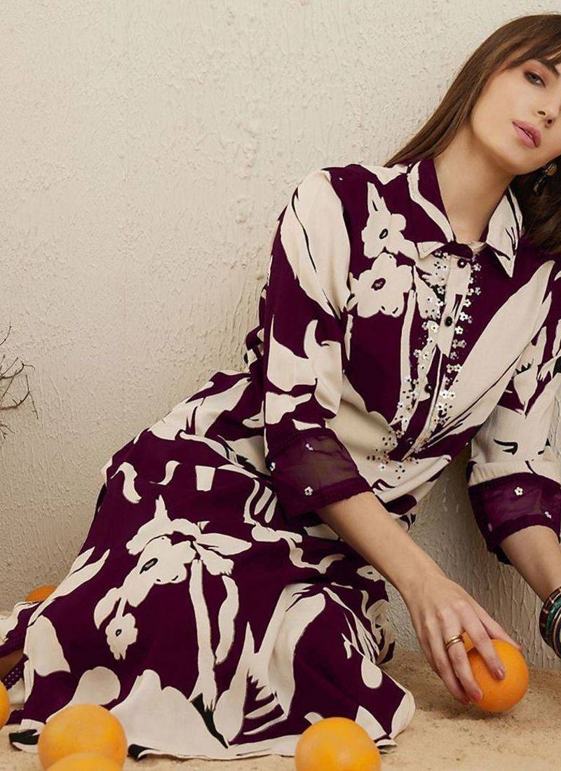 Women Shirt Coller Floral Printed Regular Sequinned Kurta with Trousers