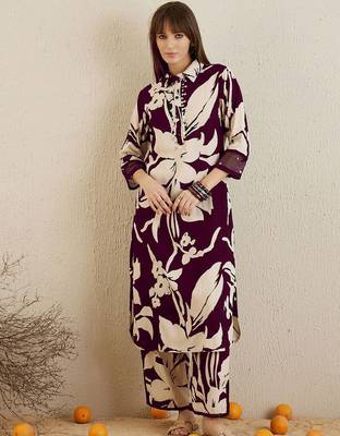 Women Shirt Coller Floral Printed Regular Sequinned Kurta with Trousers 2
