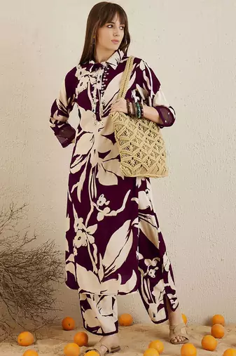 Women Shirt Coller Floral Printed Regular Sequinned Kurta with Trousers