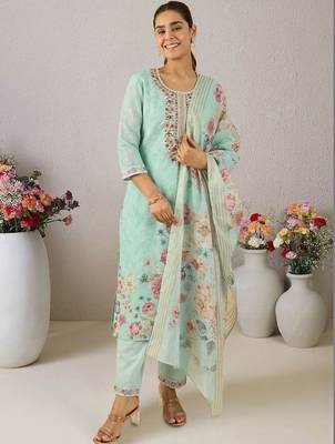 Women Floral Printed Regular Thread Work Linen Kurta with Trousers & With Dupatta 1