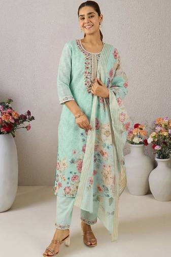 Women Floral Printed Regular Thread Work Linen Kurta with Trousers & With Dupatta