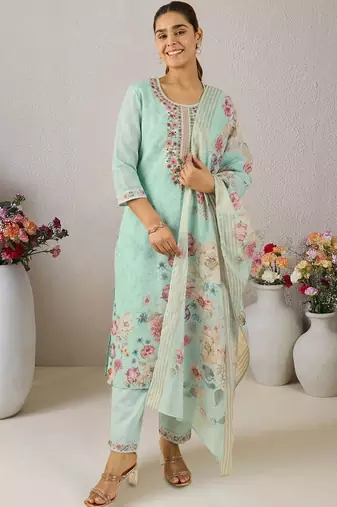 Women Floral Printed Regular Thread Work Linen Kurta with Trousers & With Dupatta