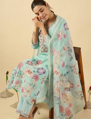 Women Floral Printed Regular Thread Work Linen Kurta with Trousers & With Dupatta 3