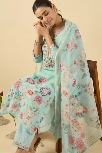 Women Floral Printed Regular Thread Work Linen Kurta with Trousers & With Dupatta