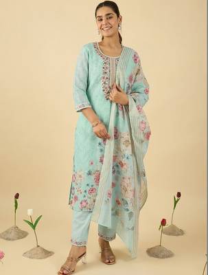 Women Floral Printed Regular Thread Work Linen Kurta with Trousers & With Dupatta 4
