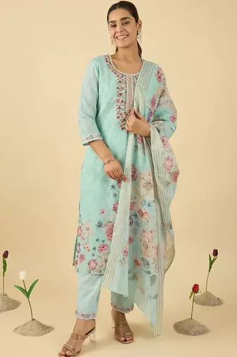 Women Floral Printed Regular Thread Work Linen Kurta with Trousers & With Dupatta