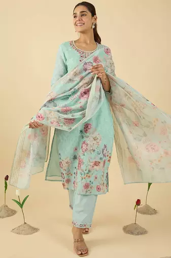 Women Floral Printed Regular Thread Work Linen Kurta with Trousers & With Dupatta