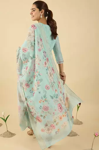 Women Floral Printed Regular Thread Work Linen Kurta with Trousers & With Dupatta