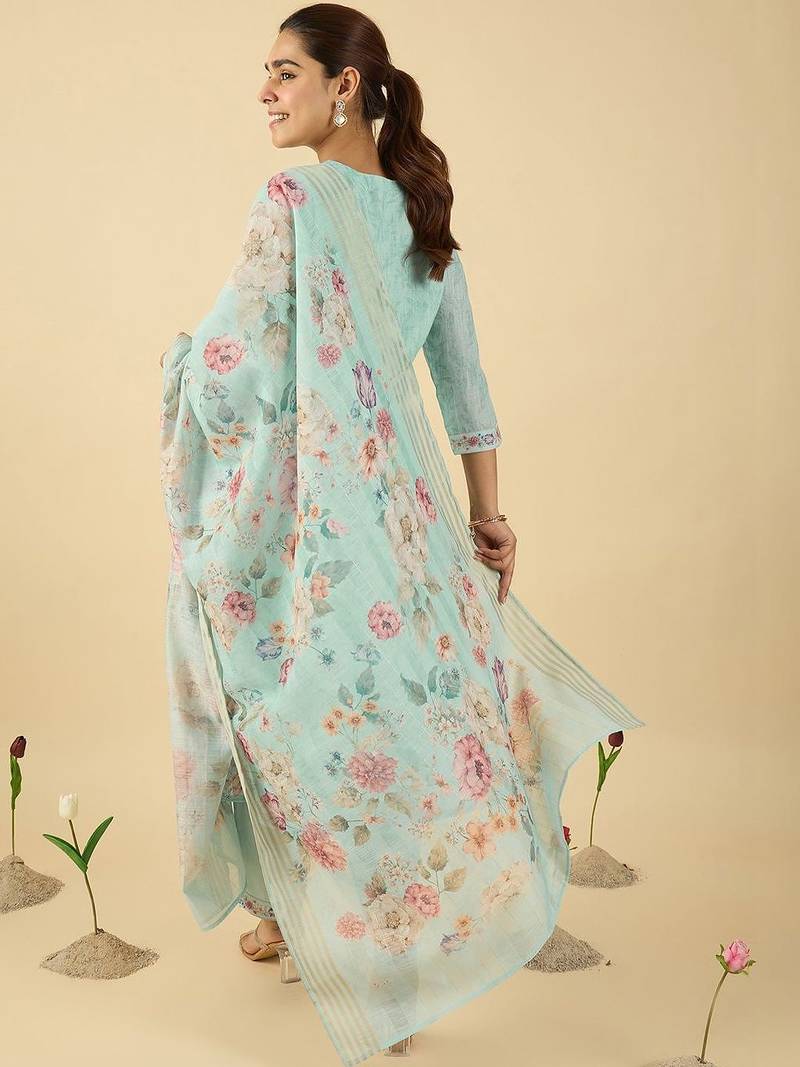 Women Floral Printed Regular Thread Work Linen Kurta with Trousers & With Dupatta