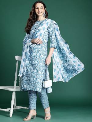 Floral Printed Pure Cotton Kurta with Trousers & Dupatta 1