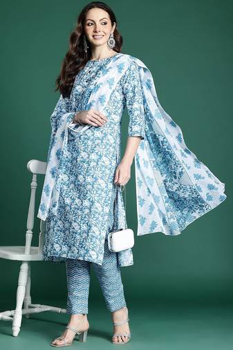 Floral Printed Pure Cotton Kurta with Trousers & Dupatta