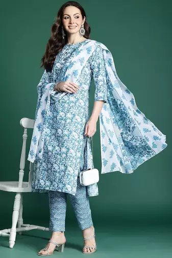 Floral Printed Pure Cotton Kurta with Trousers & Dupatta