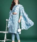 Floral Printed Pure Cotton Kurta with Trousers & Dupatta