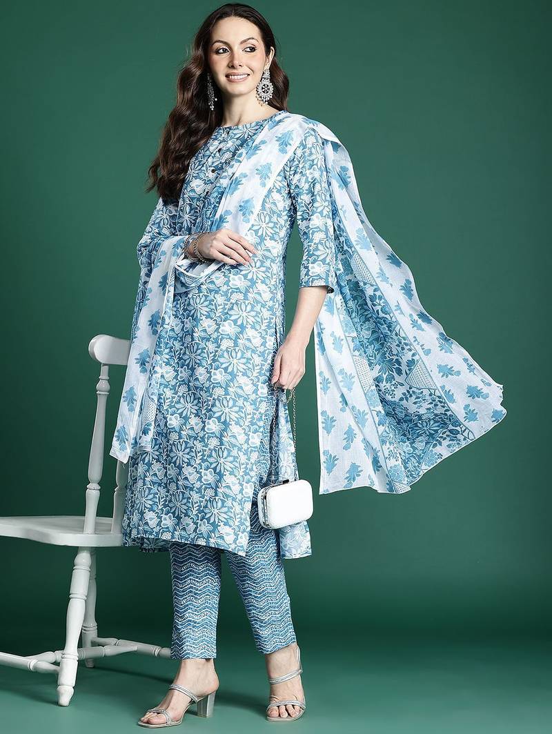 Floral Printed Pure Cotton Kurta with Trousers & Dupatta