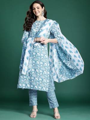 Floral Printed Pure Cotton Kurta with Trousers & Dupatta 5