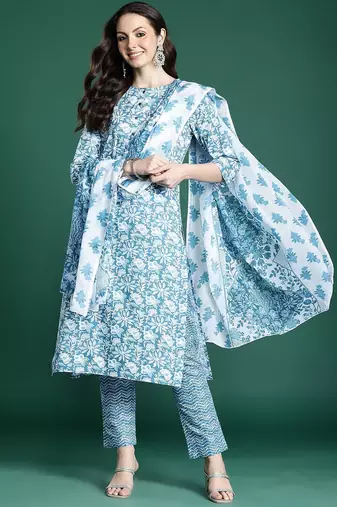 Floral Printed Pure Cotton Kurta with Trousers & Dupatta