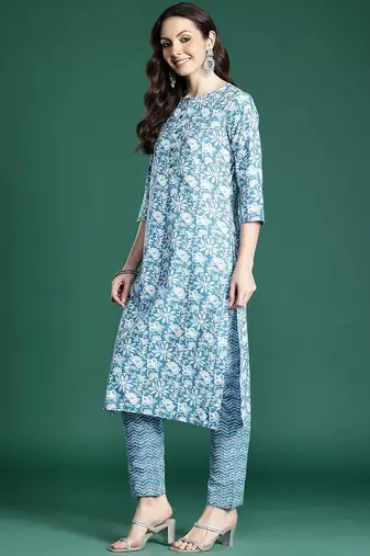Floral Printed Pure Cotton Kurta with Trousers & Dupatta
