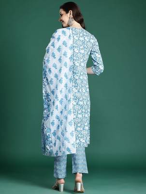 Floral Printed Pure Cotton Kurta with Trousers & Dupatta 7