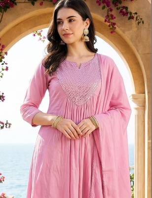 Women Empire Mirror Work Pure Cotton Kurta with Trousers & With Dupatta 1