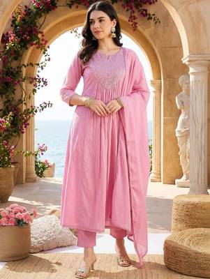 Women Empire Mirror Work Pure Cotton Kurta with Trousers & With Dupatta 2