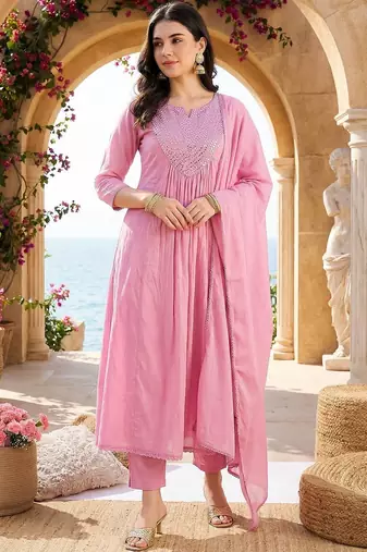 Women Empire Mirror Work Pure Cotton Kurta with Trousers & With Dupatta