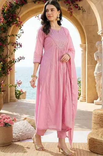 Women Empire Mirror Work Pure Cotton Kurta with Trousers & With Dupatta