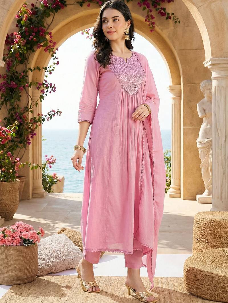 Women Empire Mirror Work Pure Cotton Kurta with Trousers & With Dupatta