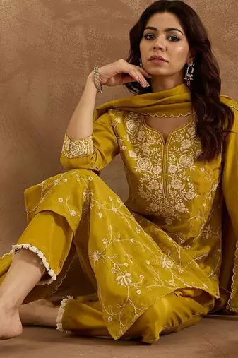 Floral Embroidered Sequinned Kurta With Trousers & Dupatta