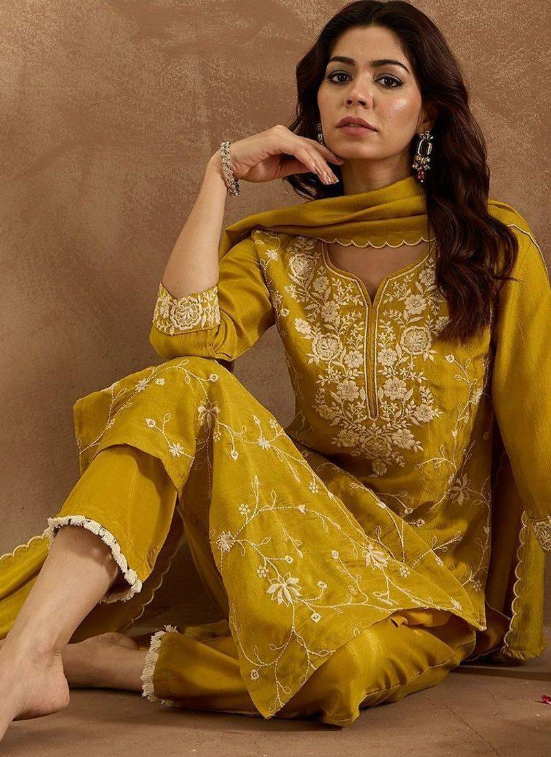 Floral Embroidered Sequinned Kurta With Trousers & Dupatta