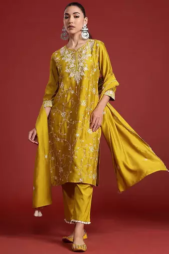 Floral Embroidered Sequinned Kurta With Trousers & Dupatta