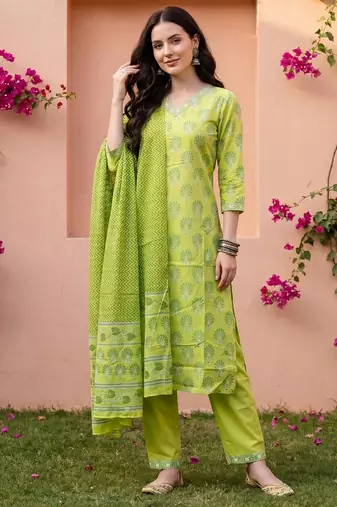 Women Ethnic Motifs Printed Regular Pure Cotton Kurta with Trousers & With Dupatta