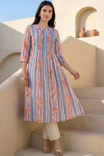 Women Printed Regular Beads and Stones Pure Cotton Kurta with Trousers