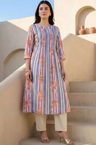 Women Printed Regular Beads and Stones Pure Cotton Kurta with Trousers