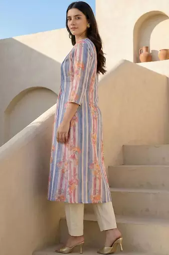 Women Printed Regular Beads and Stones Pure Cotton Kurta with Trousers