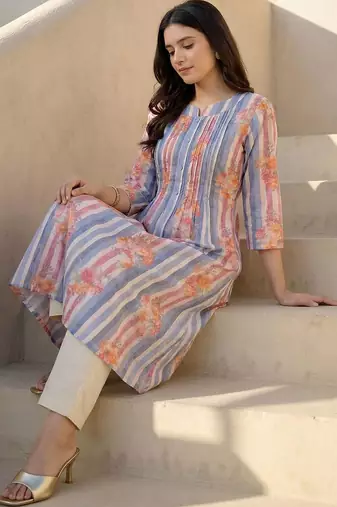 Women Printed Regular Beads and Stones Pure Cotton Kurta with Trousers