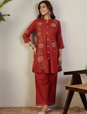 Floral Embroidered Mandarin Collar Thread Work Pure Cotton Kurta With Trousers 1