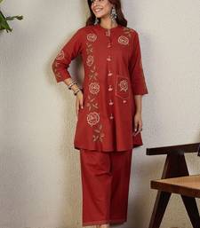 Floral Embroidered Mandarin Collar Thread Work Pure Cotton Kurta With Trousers