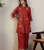 Floral Embroidered Mandarin Collar Thread Work Pure Cotton Kurta With Trousers