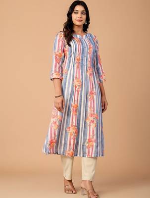 Striped Pure Cotton A Line Kurta With Trousers 1
