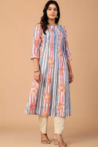 Striped Pure Cotton A Line Kurta With Trousers