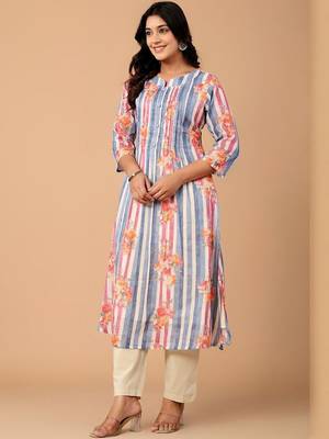 Striped Pure Cotton A Line Kurta With Trousers 2