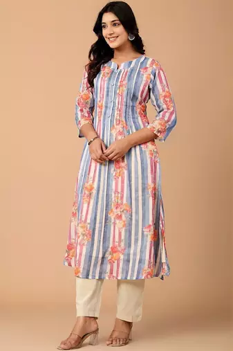 Striped Pure Cotton A Line Kurta With Trousers