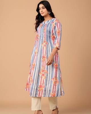 Striped Pure Cotton A Line Kurta With Trousers 3