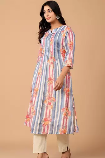 Striped Pure Cotton A Line Kurta With Trousers